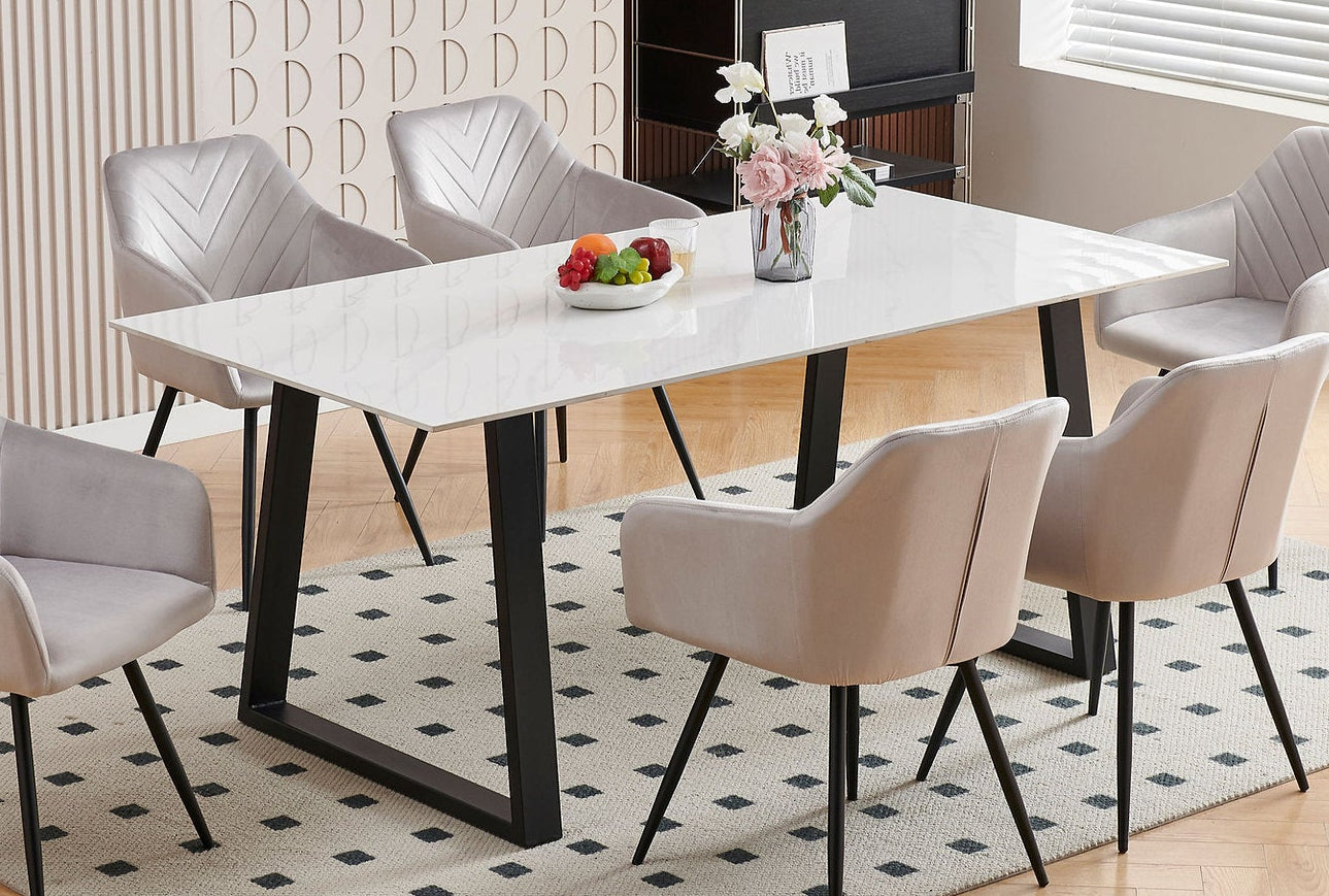 T-1550 Dining Table, 71" Long, Sintered Stone, White Faux Marble Top Table, U-Shape Base
