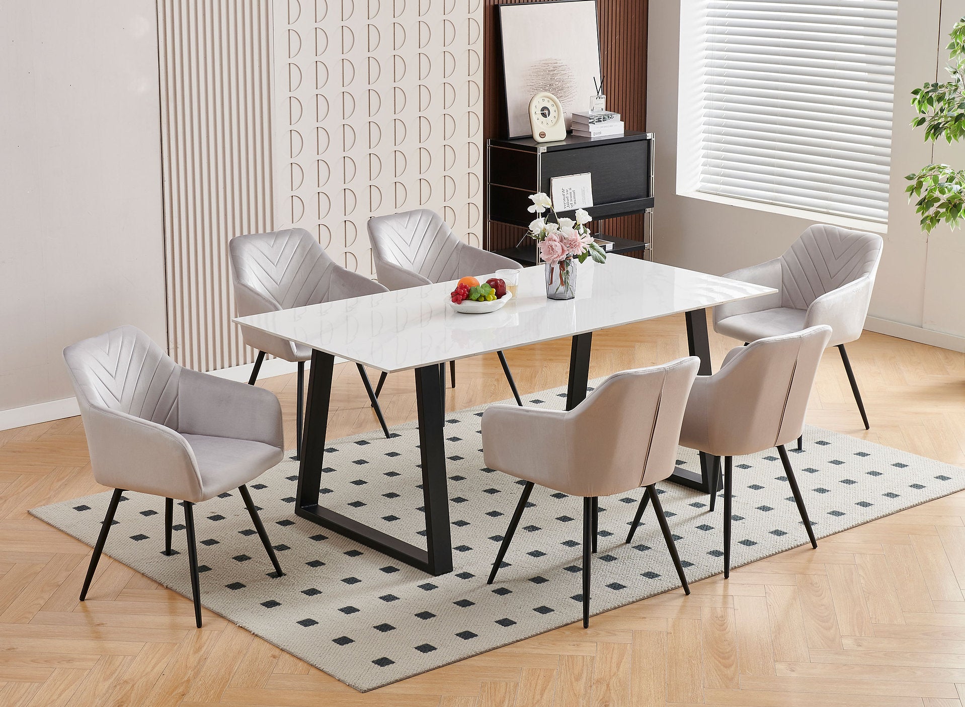 T-1550 | C-1551 Dining Set, 7 Pc, 71" Table + 6 Chairs, Light Grey Chairs, White Faux Marble Top Table