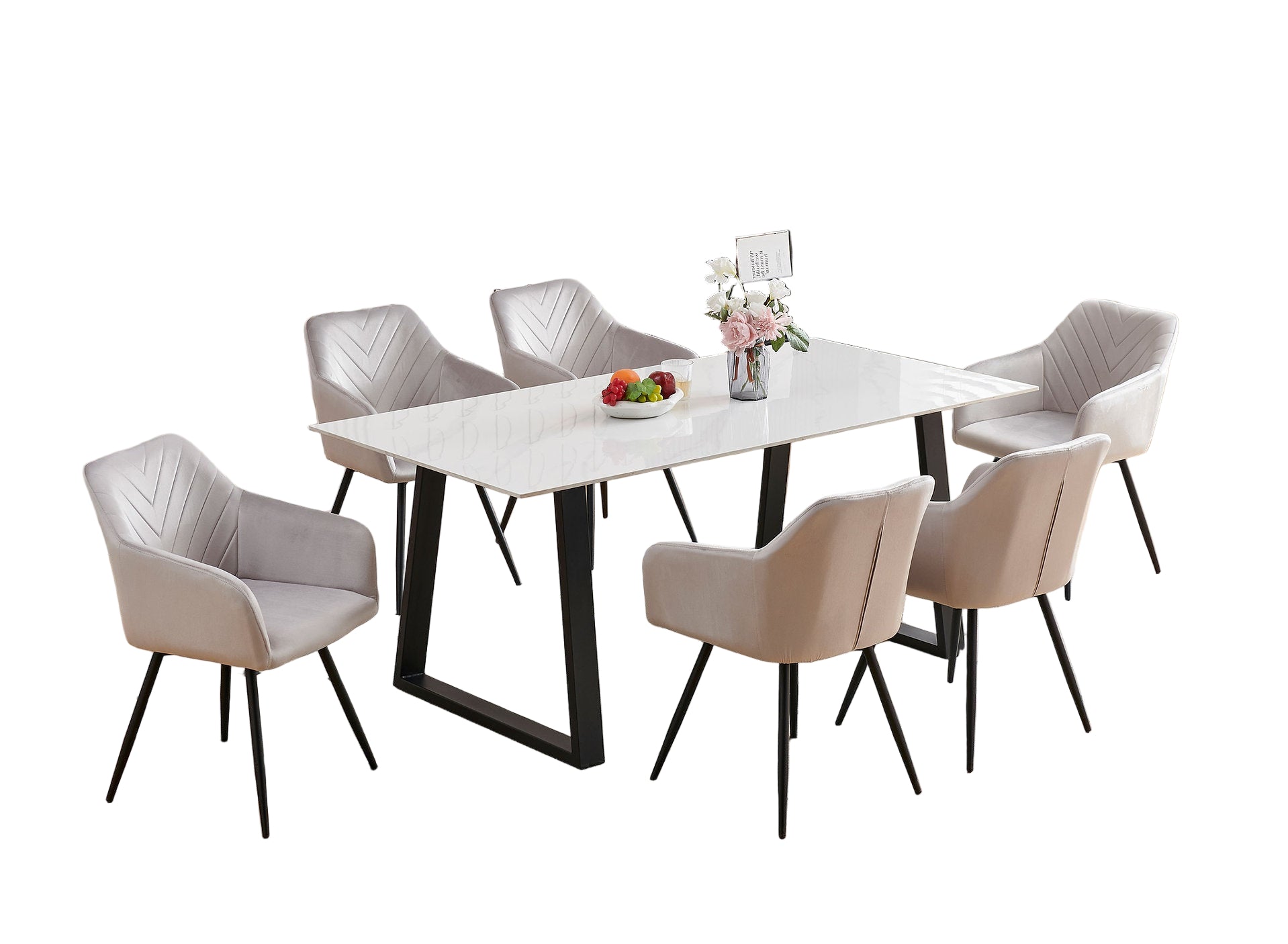 T-1550 | C-1551 Dining Set, 7 Pc, 71" Table + 6 Chairs, Light Grey Chairs, White Faux Marble Top Table