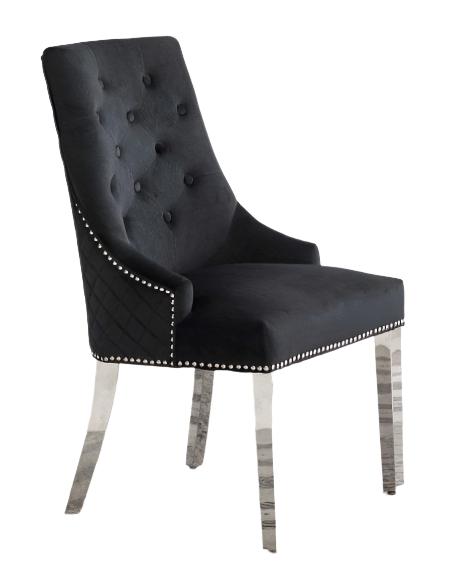 C-1251 Dining Chair, Black, Velvet, Lion Knocker on Back, Chrome Legs