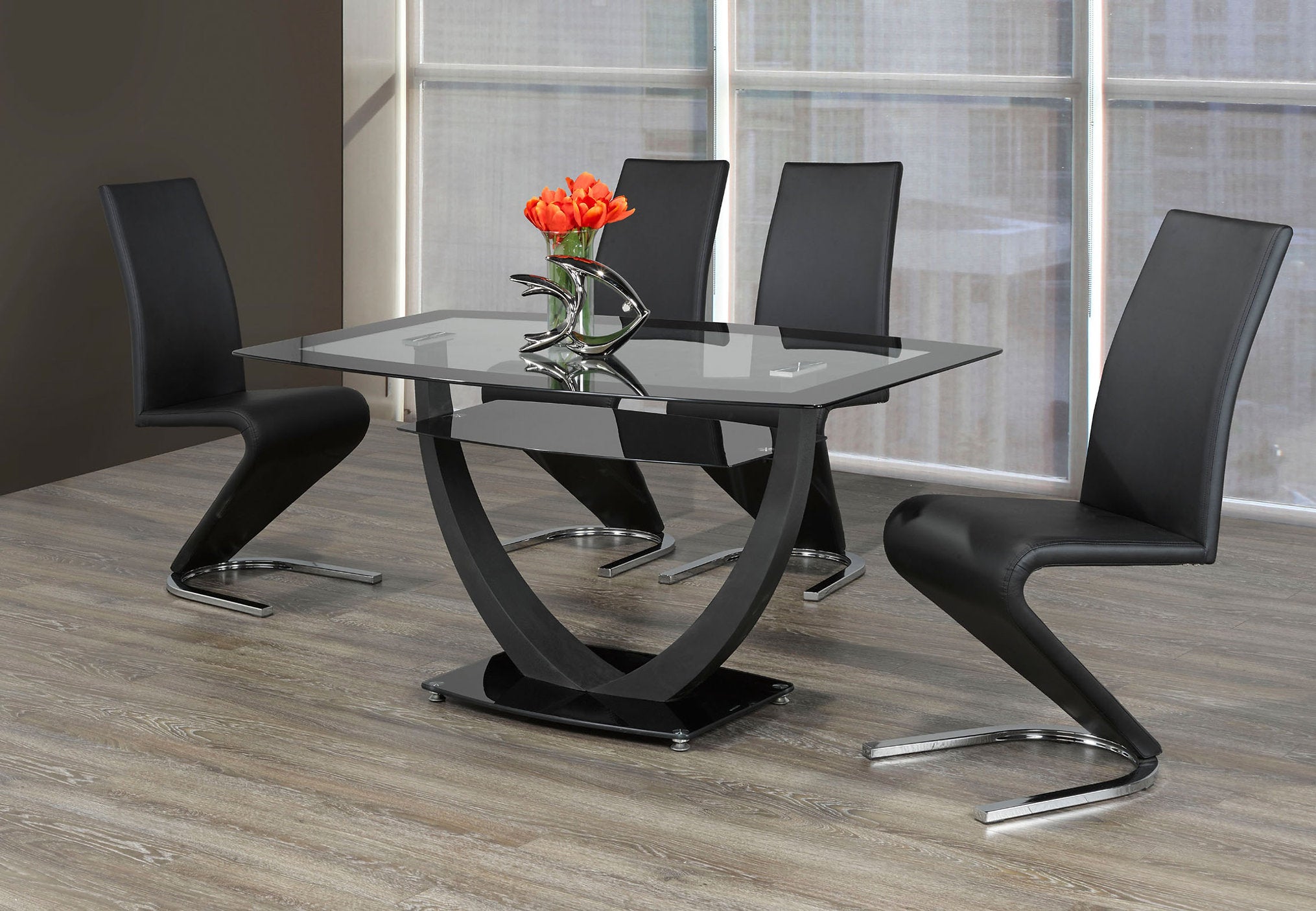 T- 5067 Dining Table, 60" Black Rim + Clear Glass Top, Metal Base
