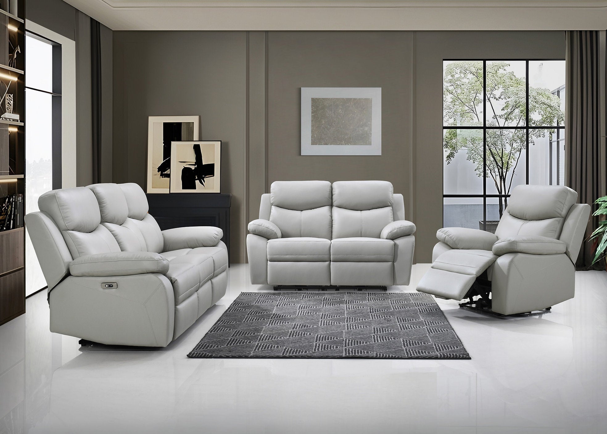 IF-8130 Power Recliner Set, 3pc, Light Grey, Genuine Leather/Match, USB Charging