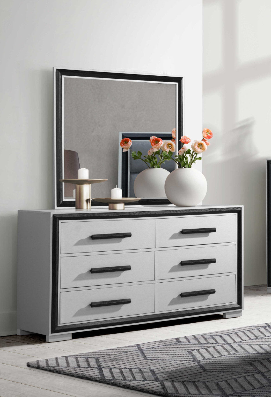 "AMELIA BLACK" Dresser + Mirror, Sleek Silver, Black Accent Trim