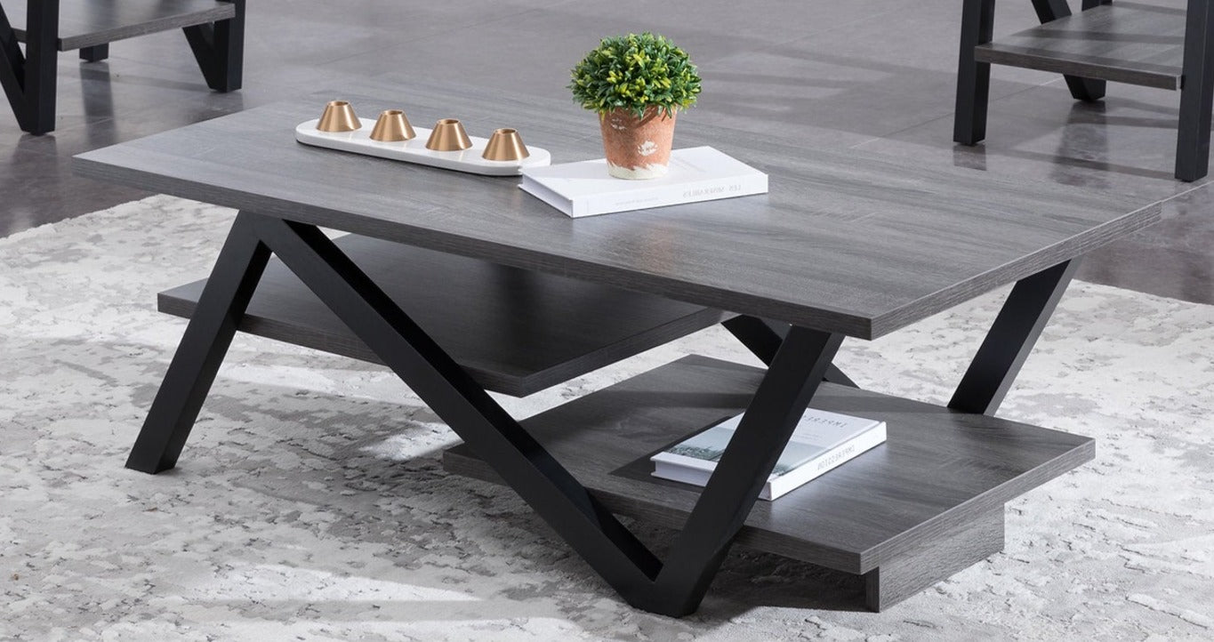 3Pc Coffee Tables Set - Grey Wood Top Black Legs   IF-3501