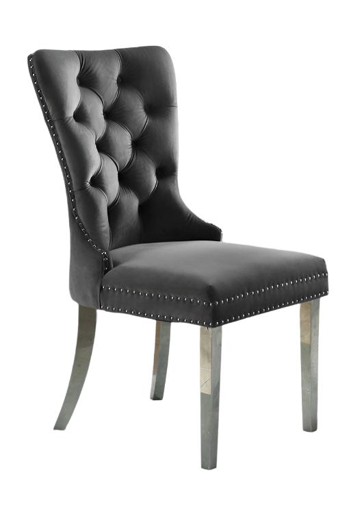 T-1448 | C-1260 Dining Set, 7 Pc, 63" Table + 6 Grey Tufted Velvet Chairs, Chrome Steel Table Legs, Glass Top