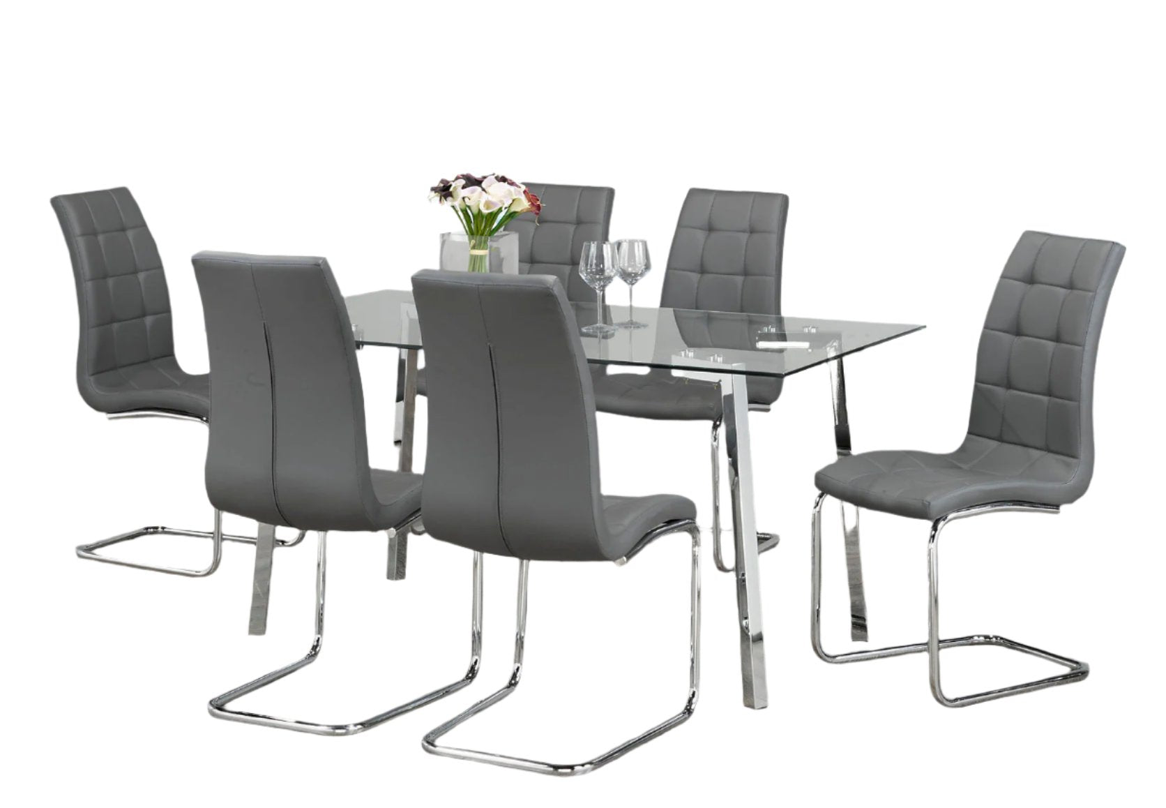 T-5057 | C-1752 - 5Pc or 7Pc Dining Set, 59" Glass Table, Grey Chairs