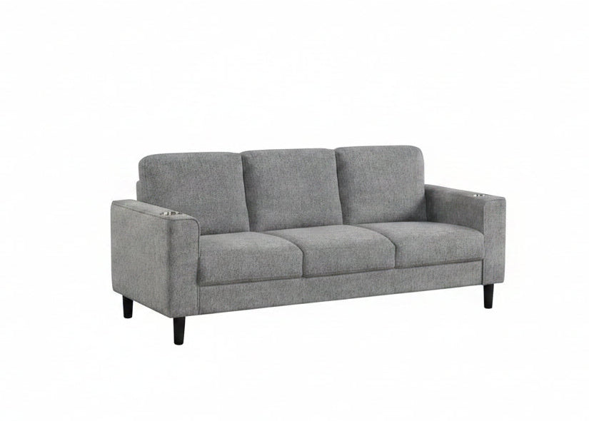 IF-8240 Sofa, Grey, 78" Wide, Soft-Touch Fabric, Black Legs, Stainless Steel Cup Holders