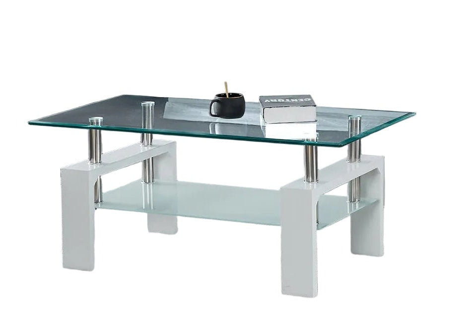 IF-2063 Coffee Table Set, White Legs, 3Pc, Clear Glass Top, Frosted Glass Shelf