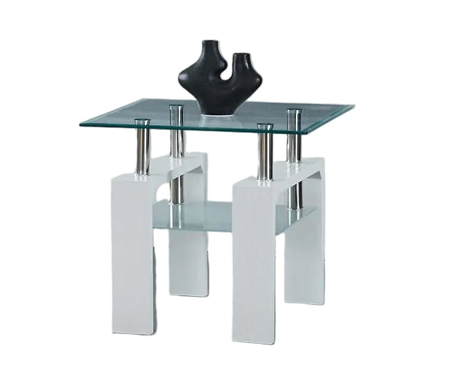 IF-2063 Coffee Table Set, White Legs, 3Pc, Clear Glass Top, Frosted Glass Shelf