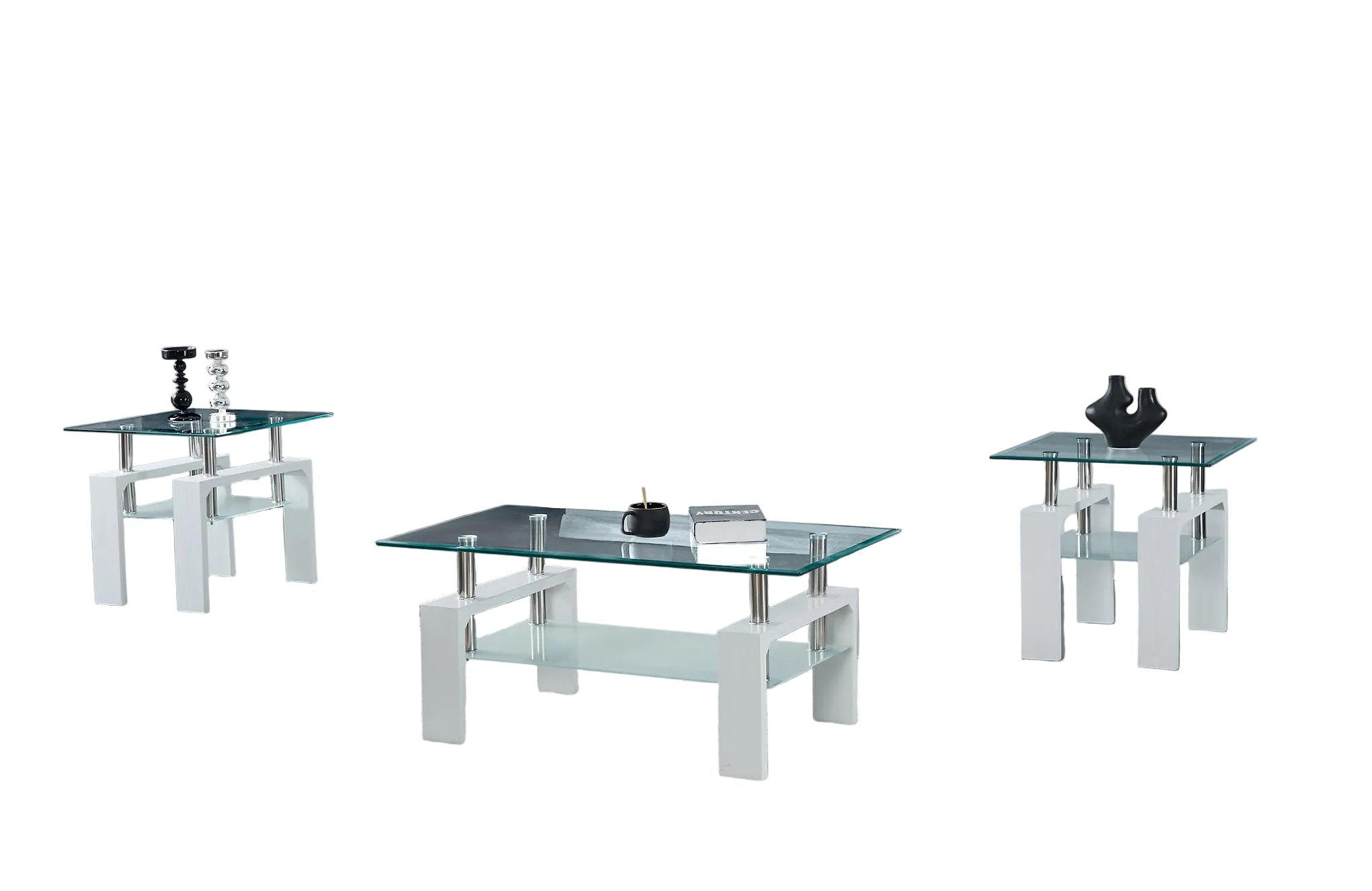 IF-2063 Coffee Table Set, White Legs, 3Pc, Clear Glass Top, Frosted Glass Shelf