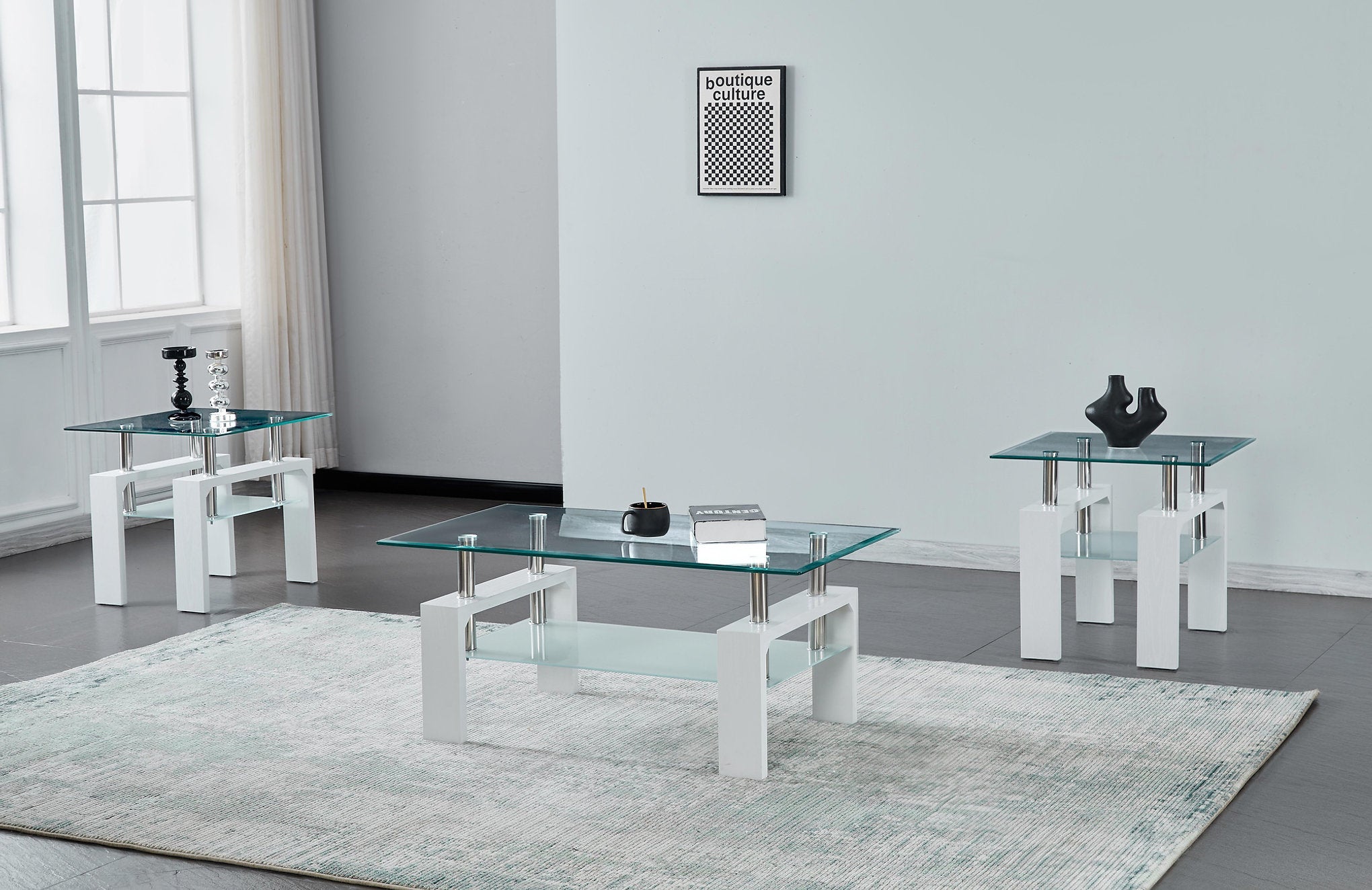 IF-2063 Coffee Table Set, White Legs, 3Pc, Clear Glass Top, Frosted Glass Shelf
