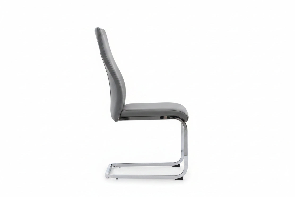 C-1576 Dining Chair, Grey Faux Leather, Elegant Diamond Stitching, C-Shape Chrome Frame (Set of 2)