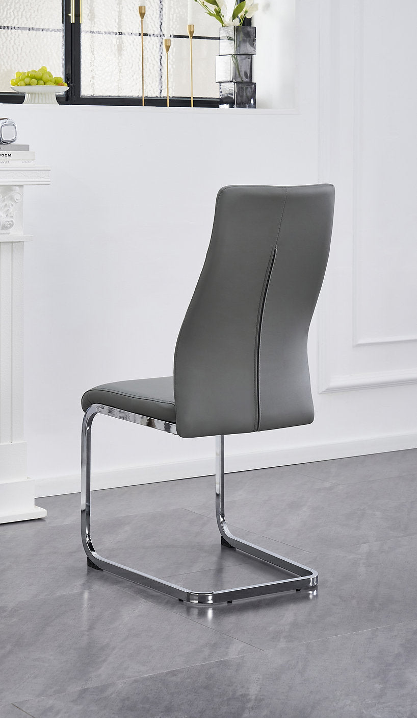 C-1576 Dining Chair, Grey Faux Leather, Elegant Diamond Stitching, C-Shape Chrome Frame (Set of 2)