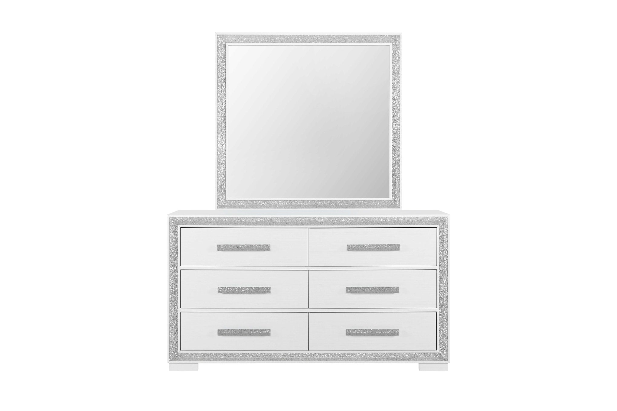 "ANDROS SILVER" Deluxe Bedroom Set, 6Pc, Glossy White, Glamorous Silver Trim, LED Accent Lighting