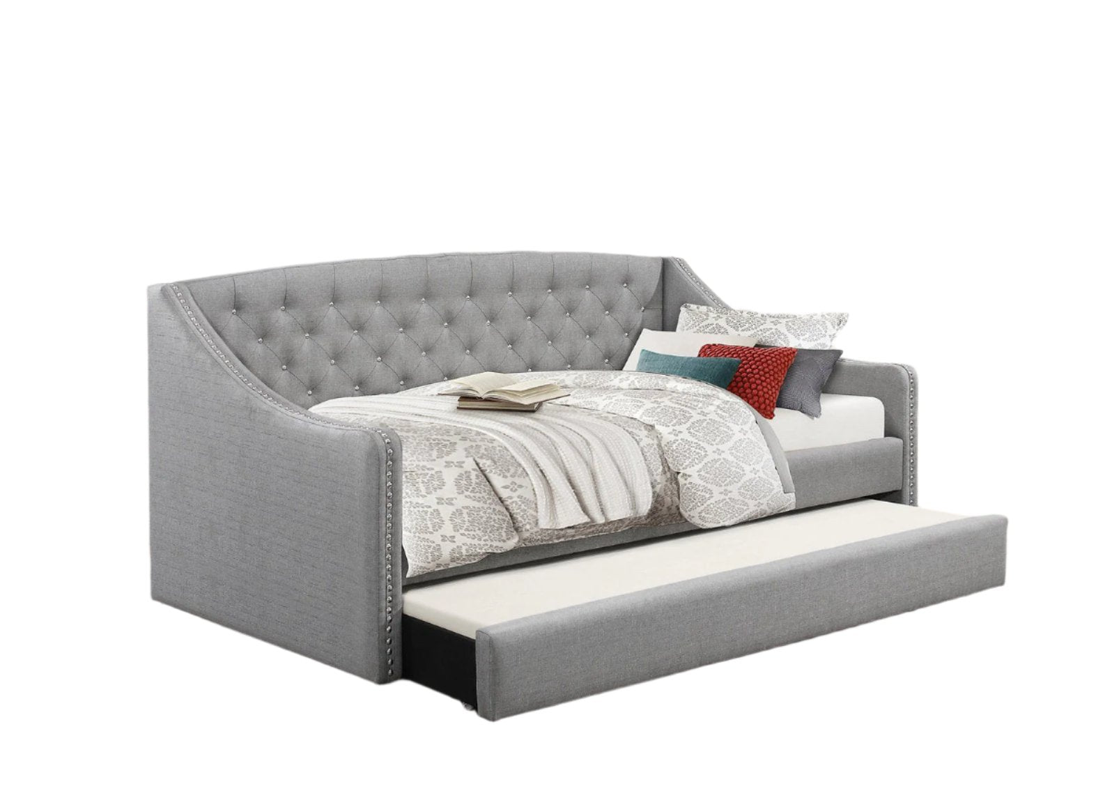 IF-308 Bed, Grey Fabric,  Day Bed,  Nailhead Detail, Tufted, Including Trundle, Single