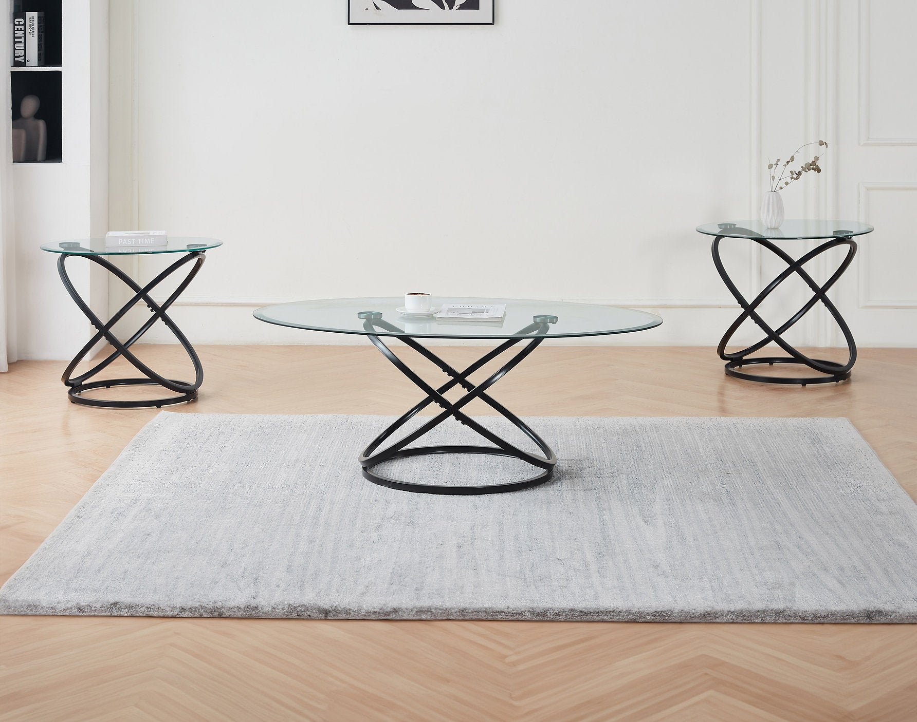 IF-2641 Coffee Table Set, 3Pc, Black Base, 3Pc, Oval and Round Clear Glass Top