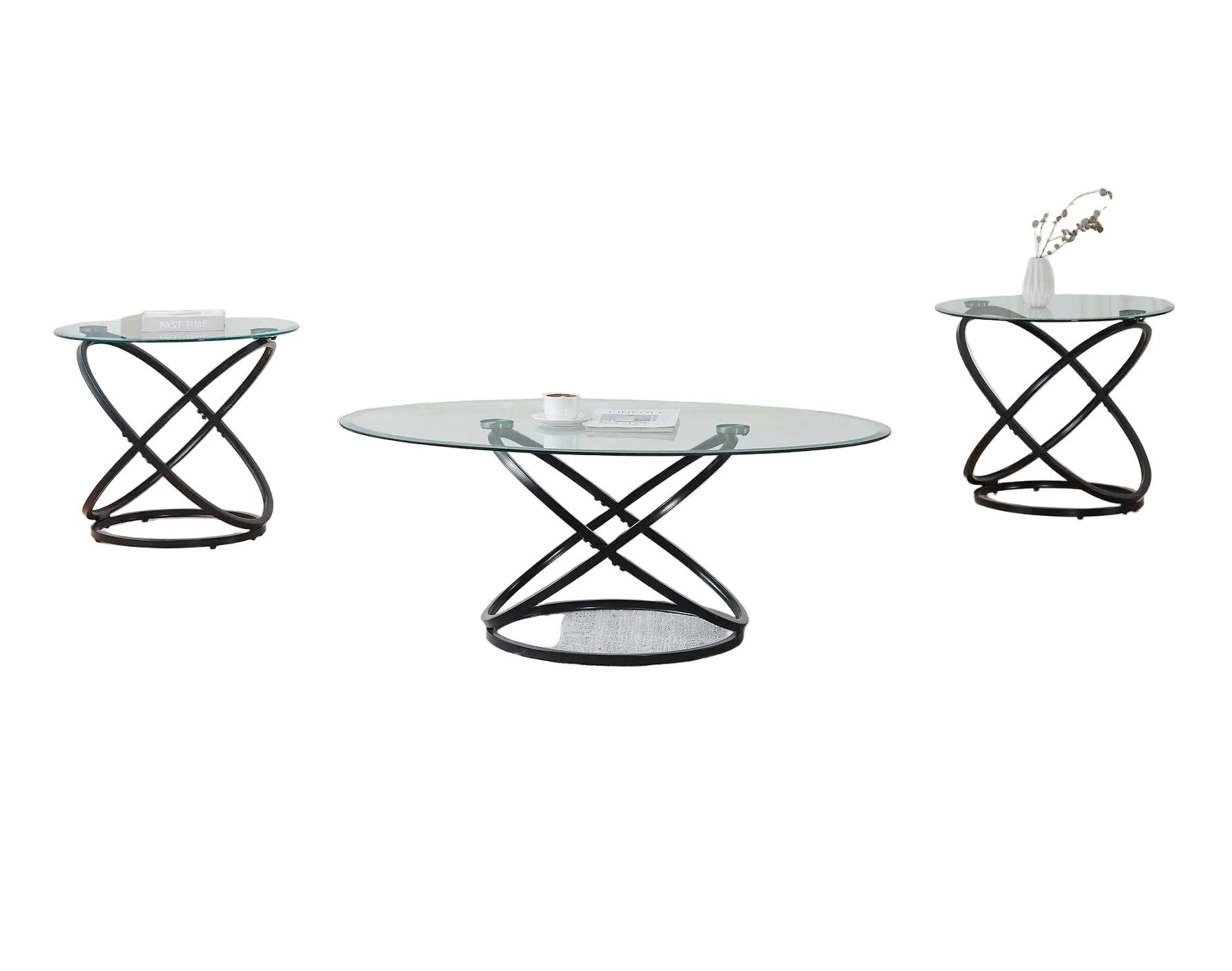 IF-2641 Coffee Table Set, 3Pc, Black Base, 3Pc, Oval and Round Clear Glass Top