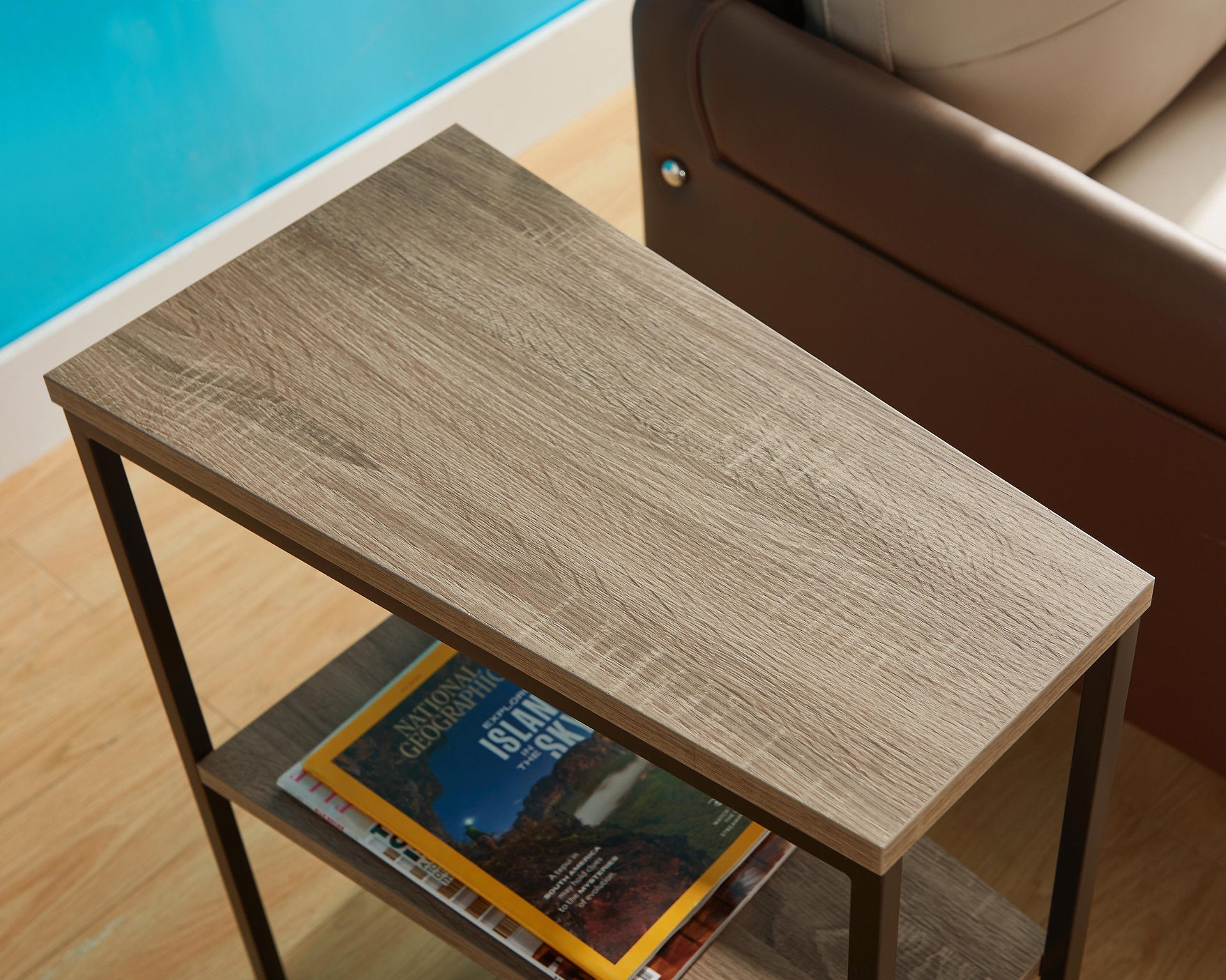 IF-080 Side Accent Table, Taupe, Wood Top, Black Steel Frame