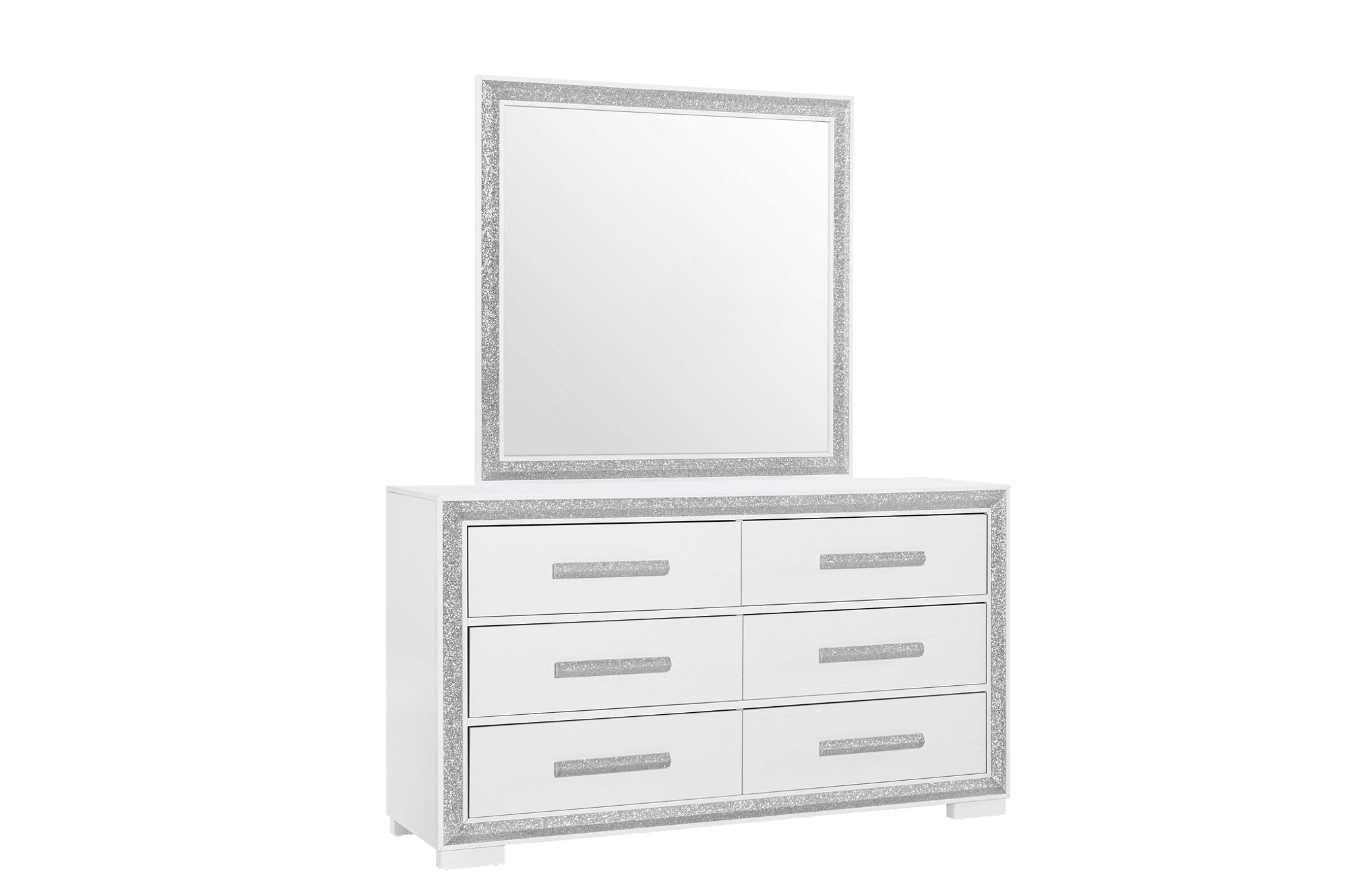 "ANDROS SILVER" Deluxe Bedroom Set, 6Pc, Glossy White, Glamorous Silver Trim, LED Accent Lighting