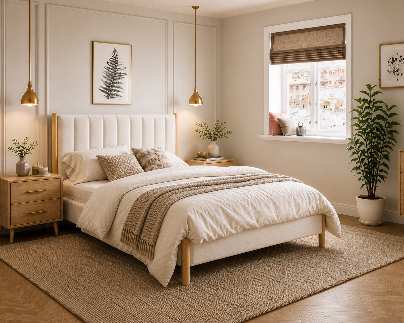 IF-5917 Bed, Natural Wood Frame, Scandinavian-Inspired Design