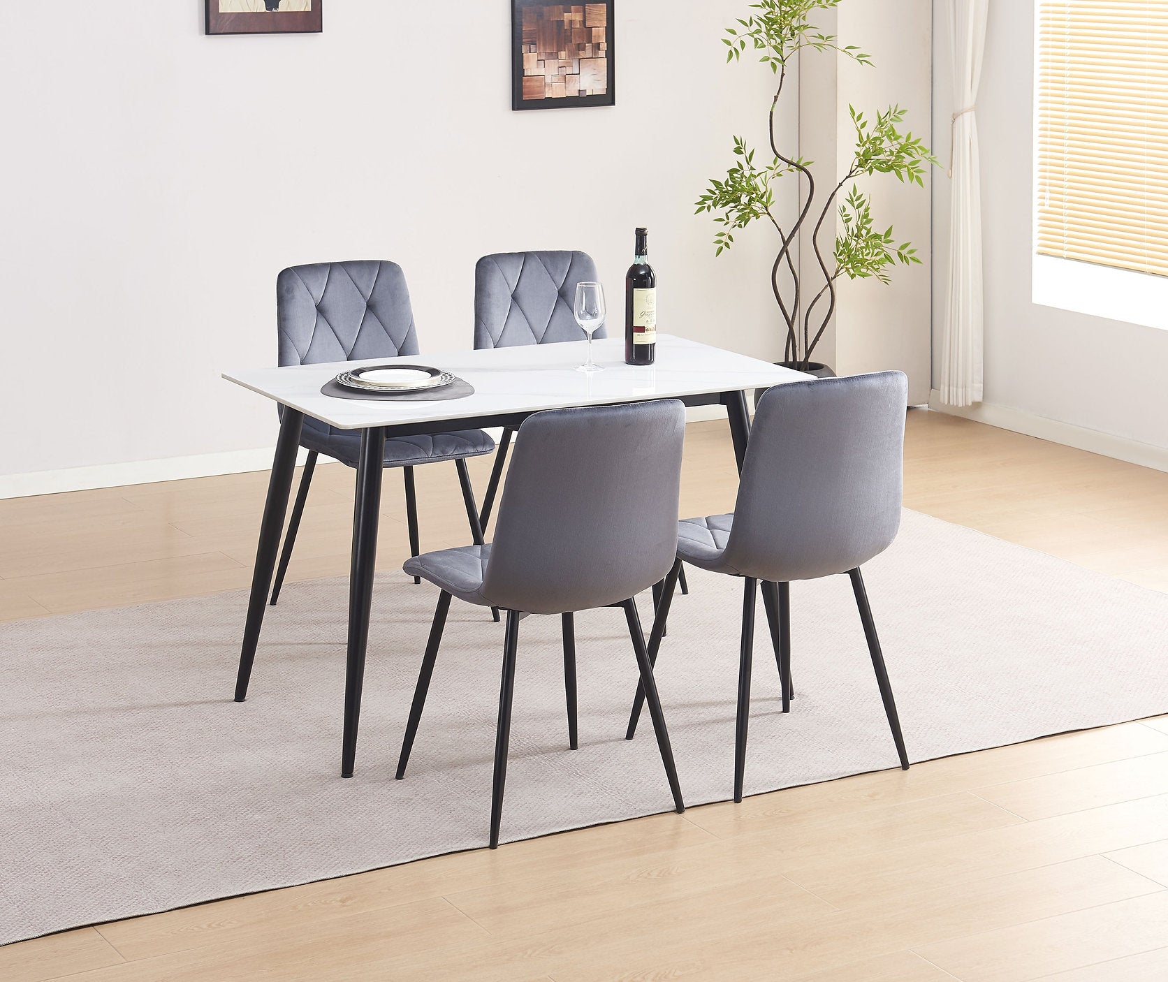 C-1632 Dining Chair, Dark Grey, Velvet, Modern Diamond Pattern Stitching Details, Set of 2