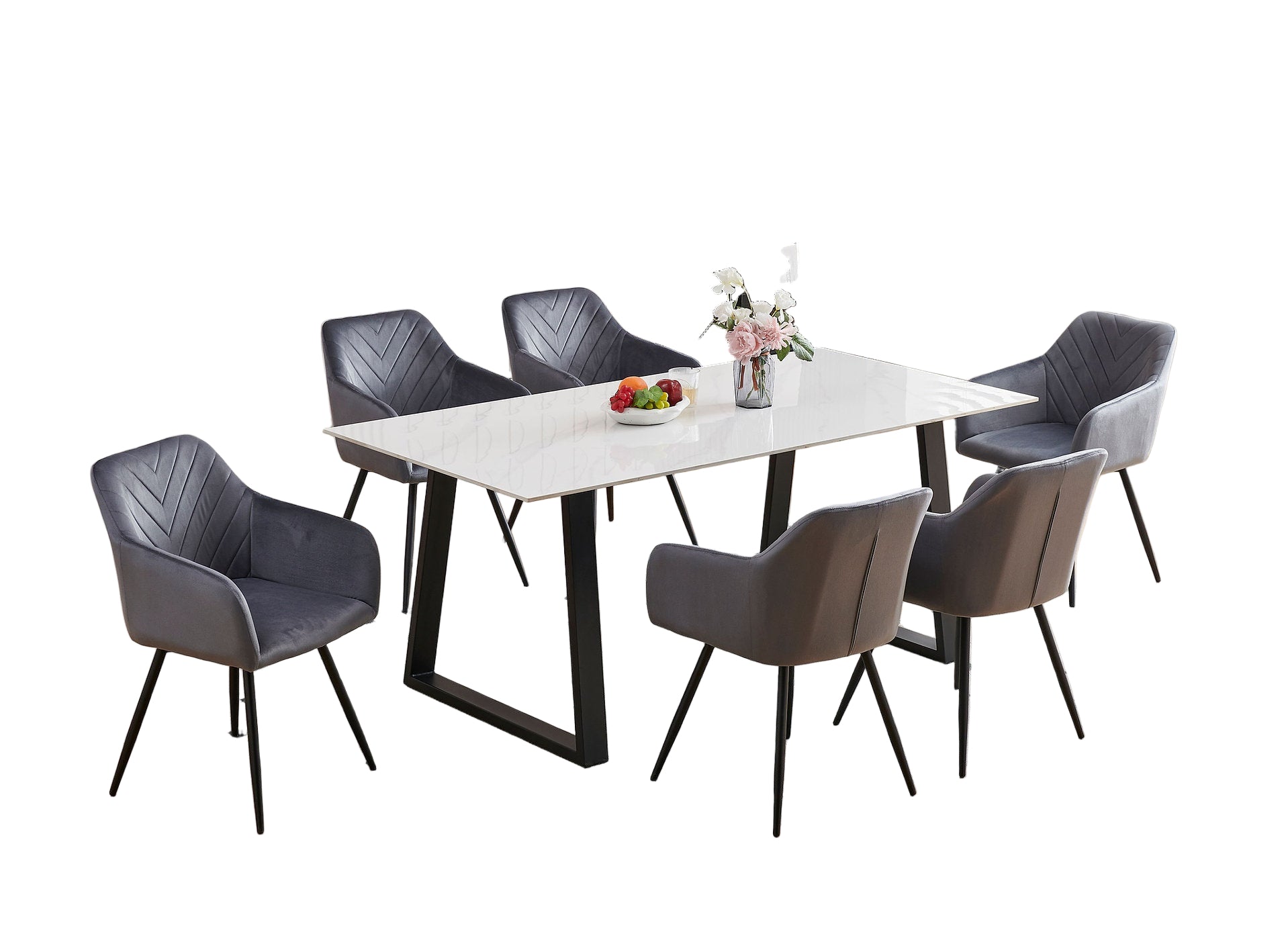 T-1550 | C-1552 Dining Set, 7 Pc, 71" Table + 6 Chairs, Dark Grey Chairs, White Faux Marble Top Table