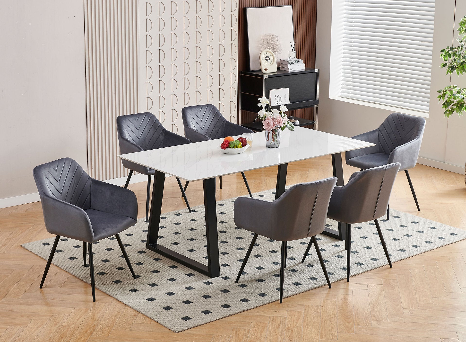 T-1550 | C-1552 Dining Set, 7 Pc, 71" Table + 6 Chairs, Dark Grey Chairs, White Faux Marble Top Table