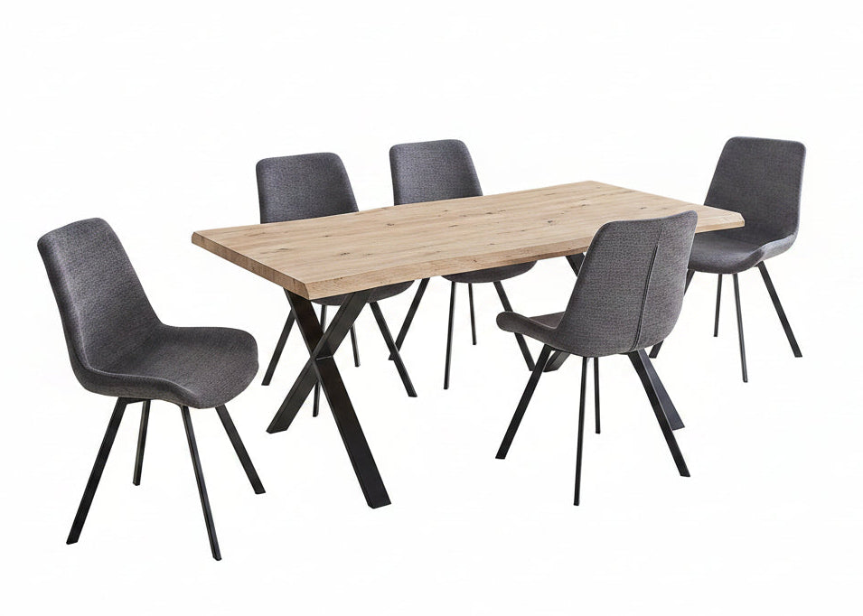 T-1808 | C-1820 Dining Set, 7Pc OR 5Pc, 71" Wood Top Table, Black Metal X-leg Base, Dark Grey Chairs