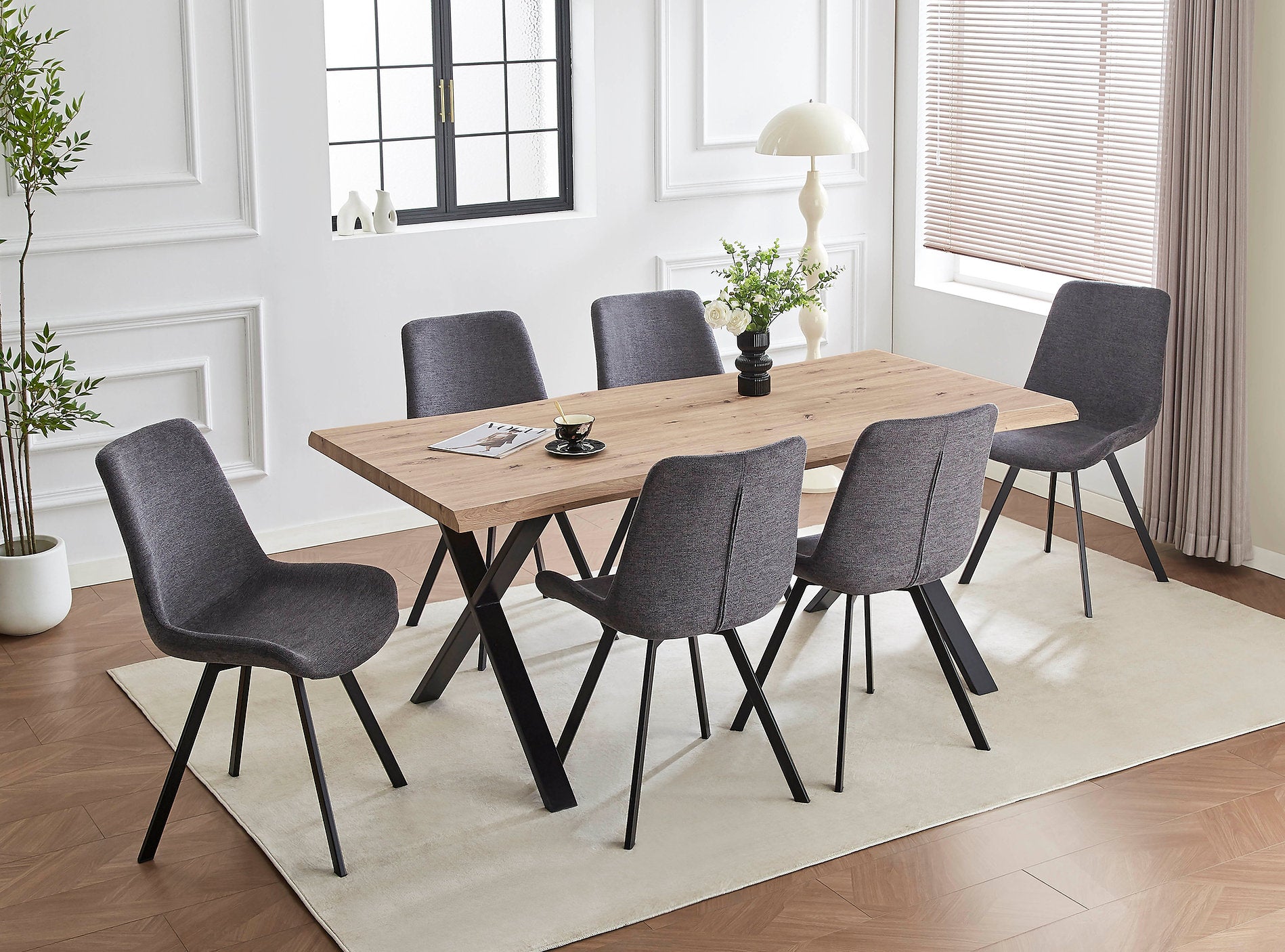 T-1808 | C-1820 Dining Set, 7Pc OR 5Pc, 71" Wood Top Table, Black Metal X-leg Base, Dark Grey Chairs