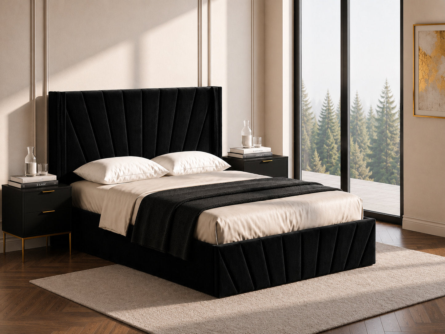 IF-5873 Lift Bed, Black Velvet, Enclosed Storage, Elegant Fan-Tufted Headboard and Footboard