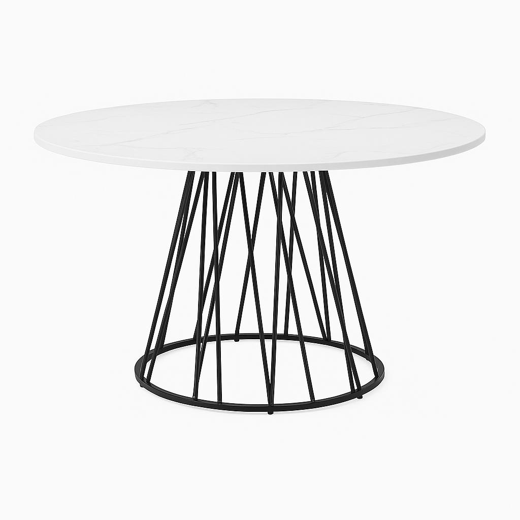 T-1590 Dining Table, 48" Round, White Faux Marble Top, Black Pedestal Steel Base