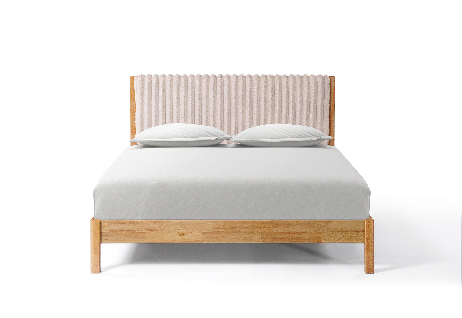 IF-5598 Bed, Brown Wooden Legs, Beige Upholstered Headboard, Vertical Channel Detailing