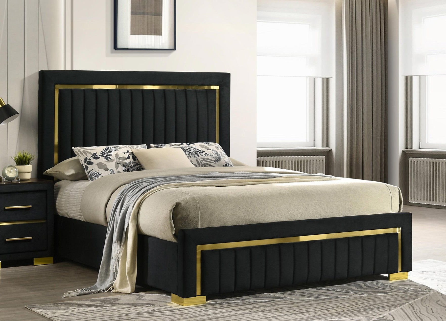 "AURORA" Bed, Gold Accents, Black, Velvet, Tufted Headboard