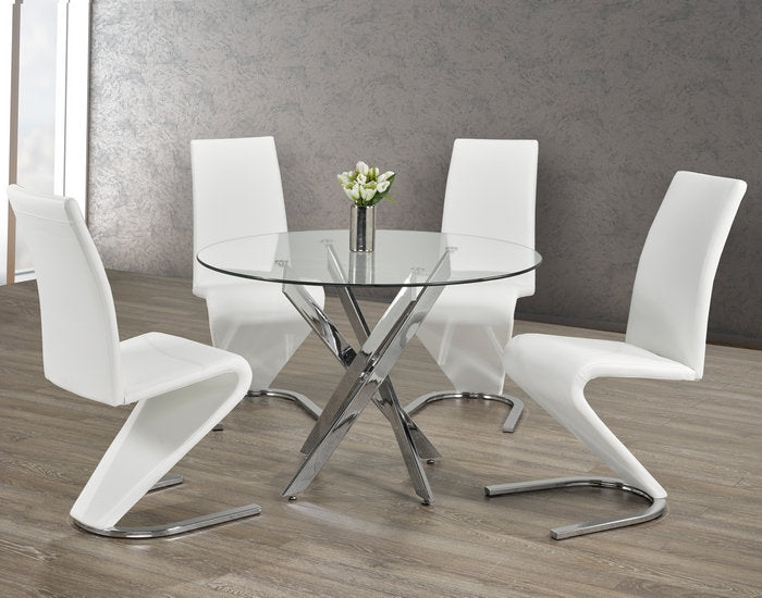 5Pc Dining Set - Round Glass Table with 4 White "Z" Chairs  T-1447 | C-1786