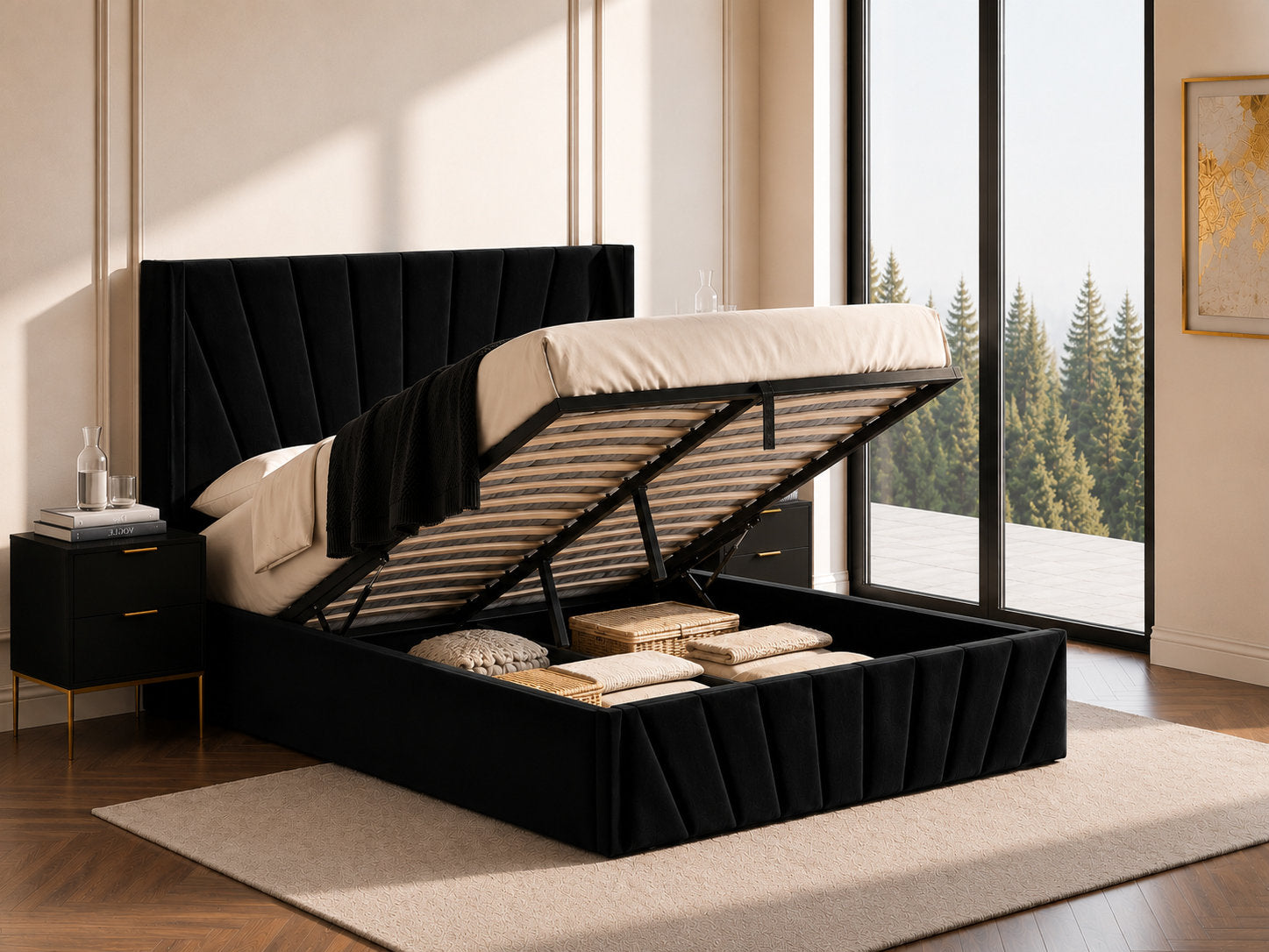 IF-5873 Lift Bed, Black Velvet, Enclosed Storage, Elegant Fan-Tufted Headboard and Footboard