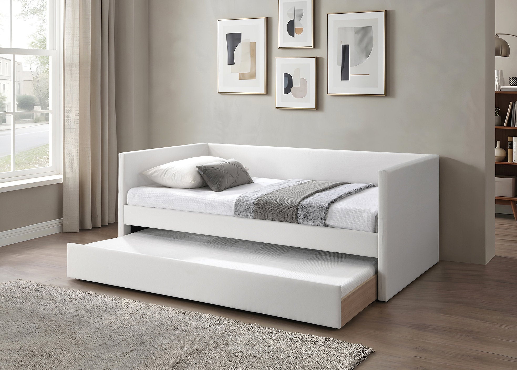 IF-307 Day Bed, Soft-Touch Ivory Fabric,  Pull-Out Trundle, Optional Mattresses