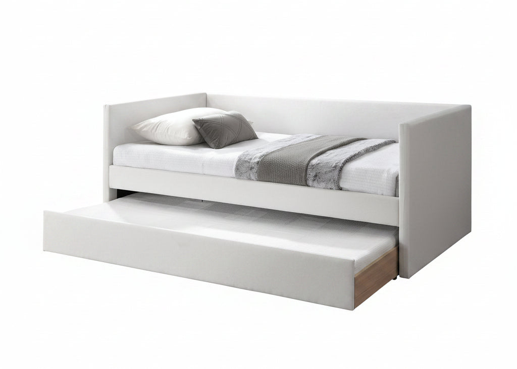 IF-307 Day Bed, Soft-Touch Ivory Fabric,  Pull-Out Trundle, Optional Mattresses