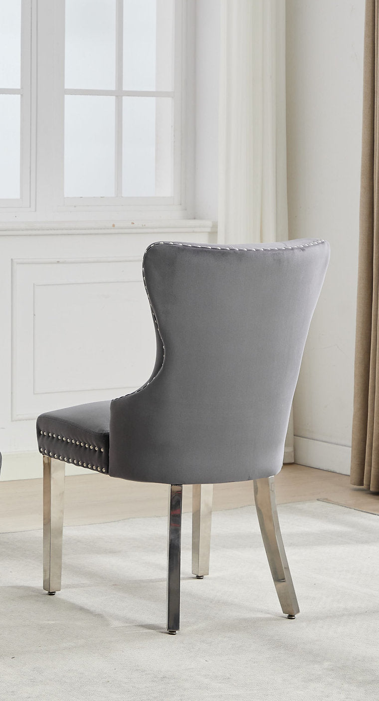 C-1245 Dining Chair, Grey, Velvet, Tufted Front, Nailhead Detail (Set of 2)