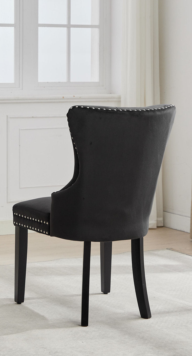 C-1226 Dining Chair, Black, Velvet, Tufted Front, Nailhead Detail, Espresso Legs