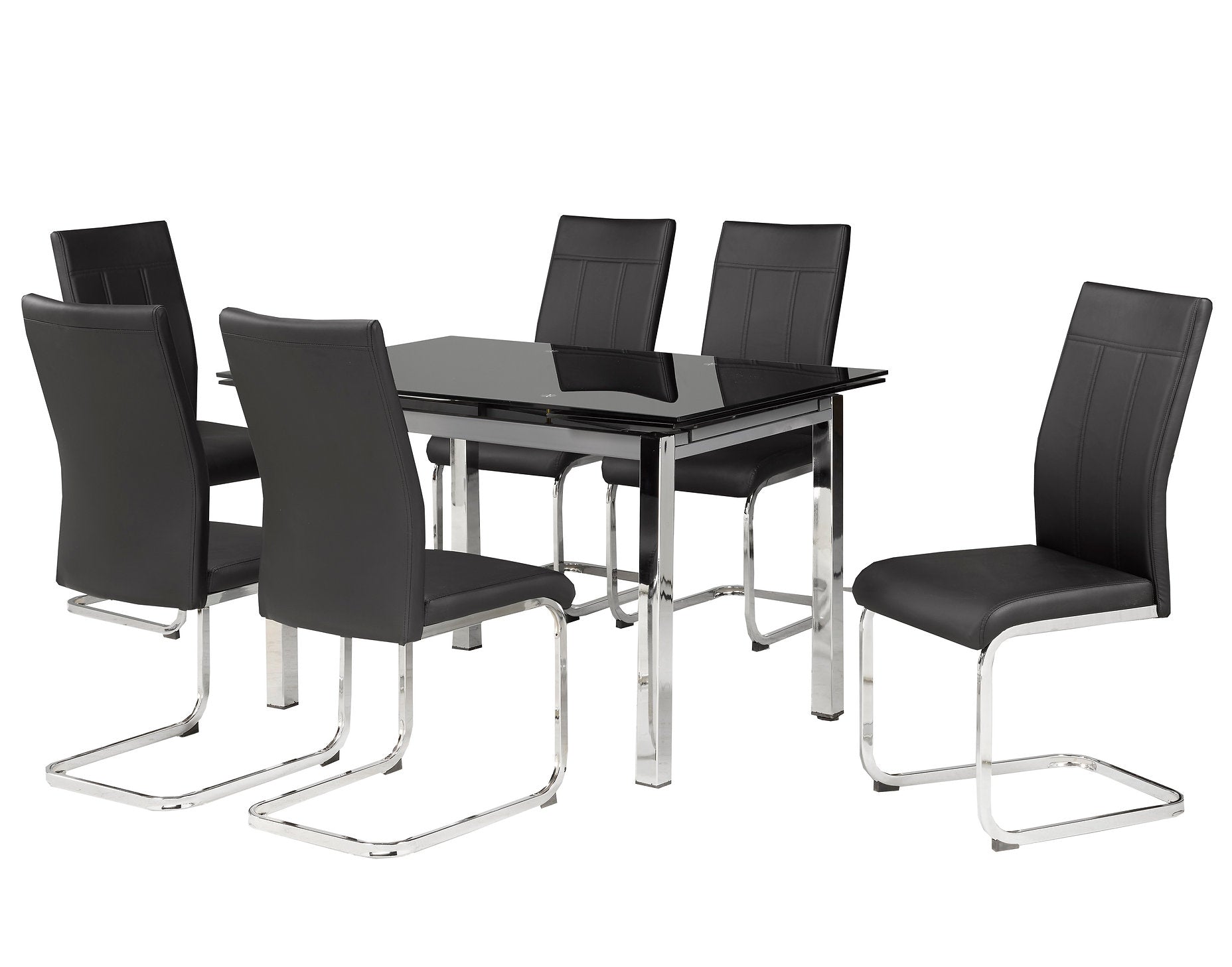 T-1505 | C-1877 Dining Set,  7Pc, 47"-71" Black Glass Top Table, Adjustable Leaves, Chrome Frame, Black Faux Leather Chairs