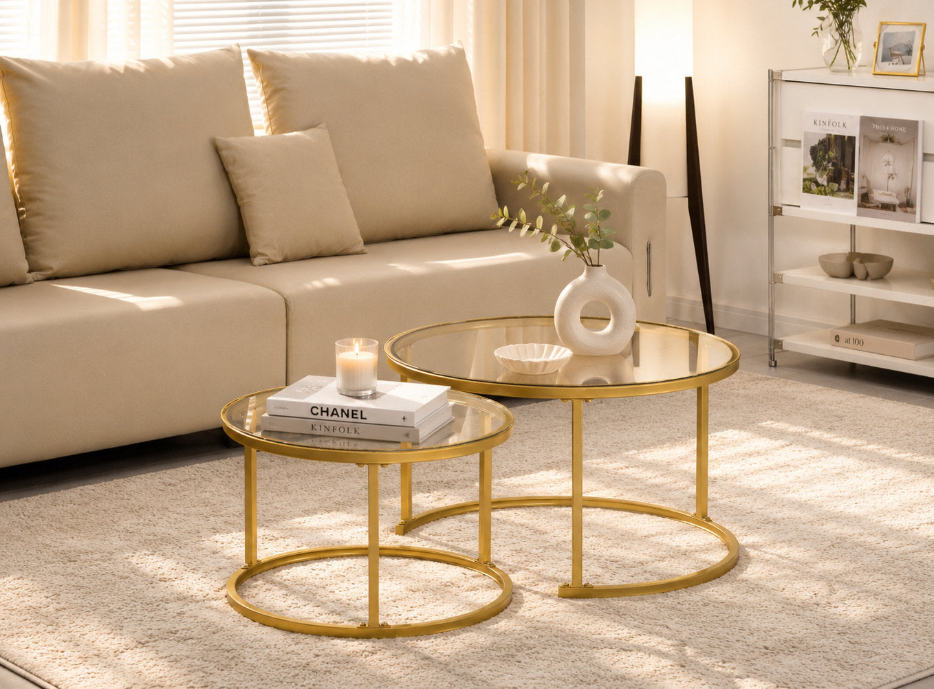 IF-2612 Coffee Tables, 2Pc Set, Nesting, 32" Round, 24" Round, Gold Steel Frames with Tempered Glass Tops