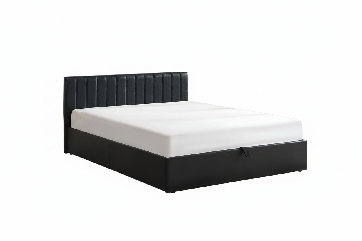 IF-5160 Lift Bed, Black, Faux Leather, Vertical Tufting, Under Bed Storage, Hydraulic Lift for Easy Lifting