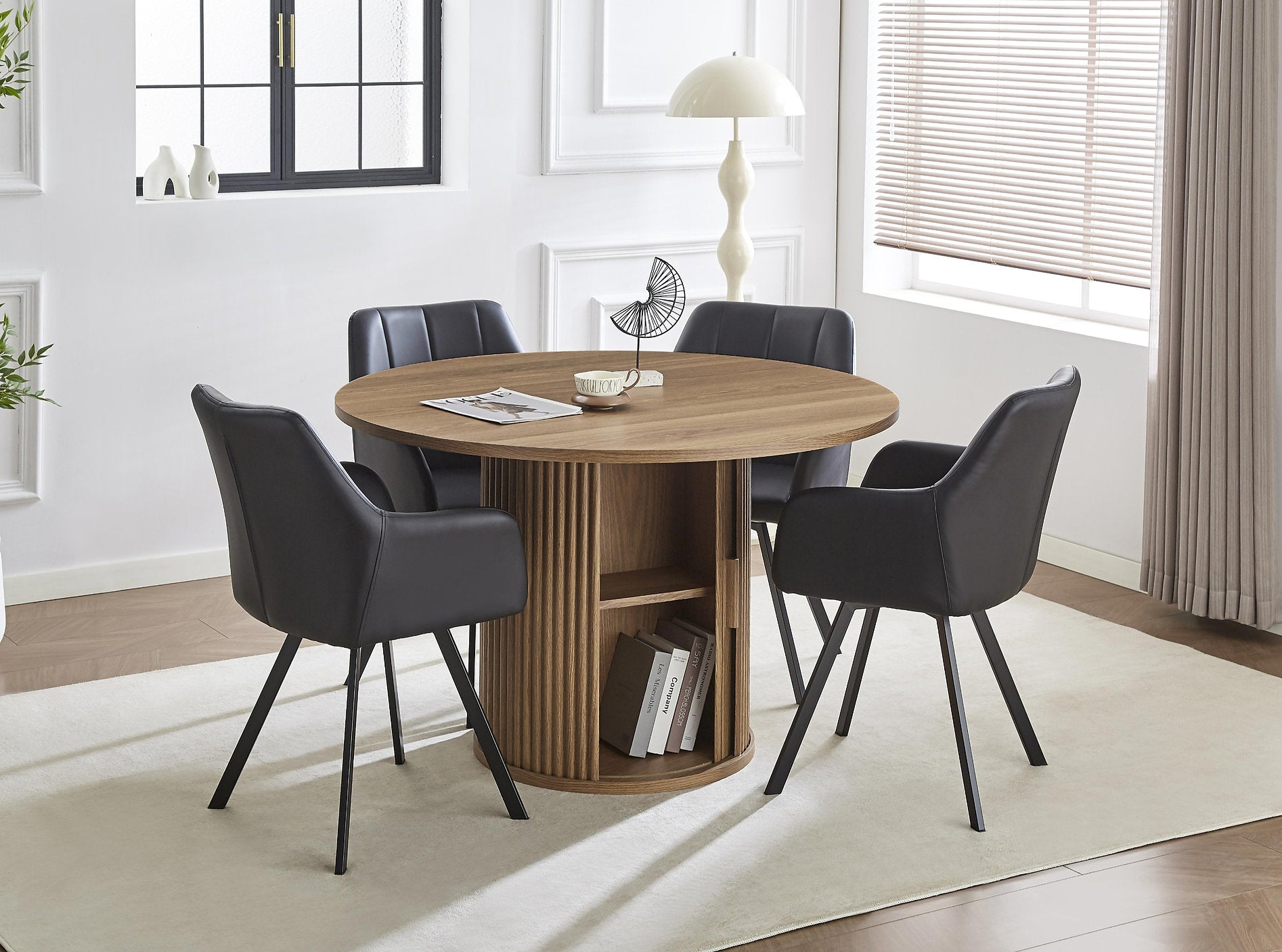 T-1408 | C-1413 Dining Set, 5 Pc, 48" Round Wood Table, Pedestal Design, Hidden Door, Fluted Base, 4 Black Chairs