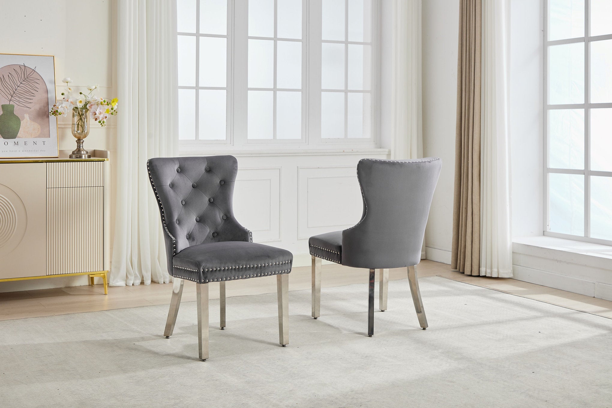 C-1245 Dining Chair, Grey, Velvet, Tufted Front, Nailhead Detail (Set of 2)