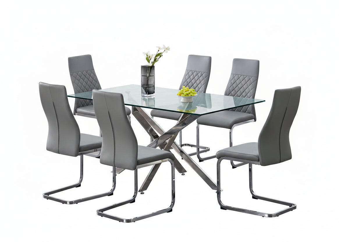 T-1448 | C-1576 Dining Set, 7 Pc, 63" Table + 6 Chairs, Chrome + Glass Table, Chrome + Grey Chairs