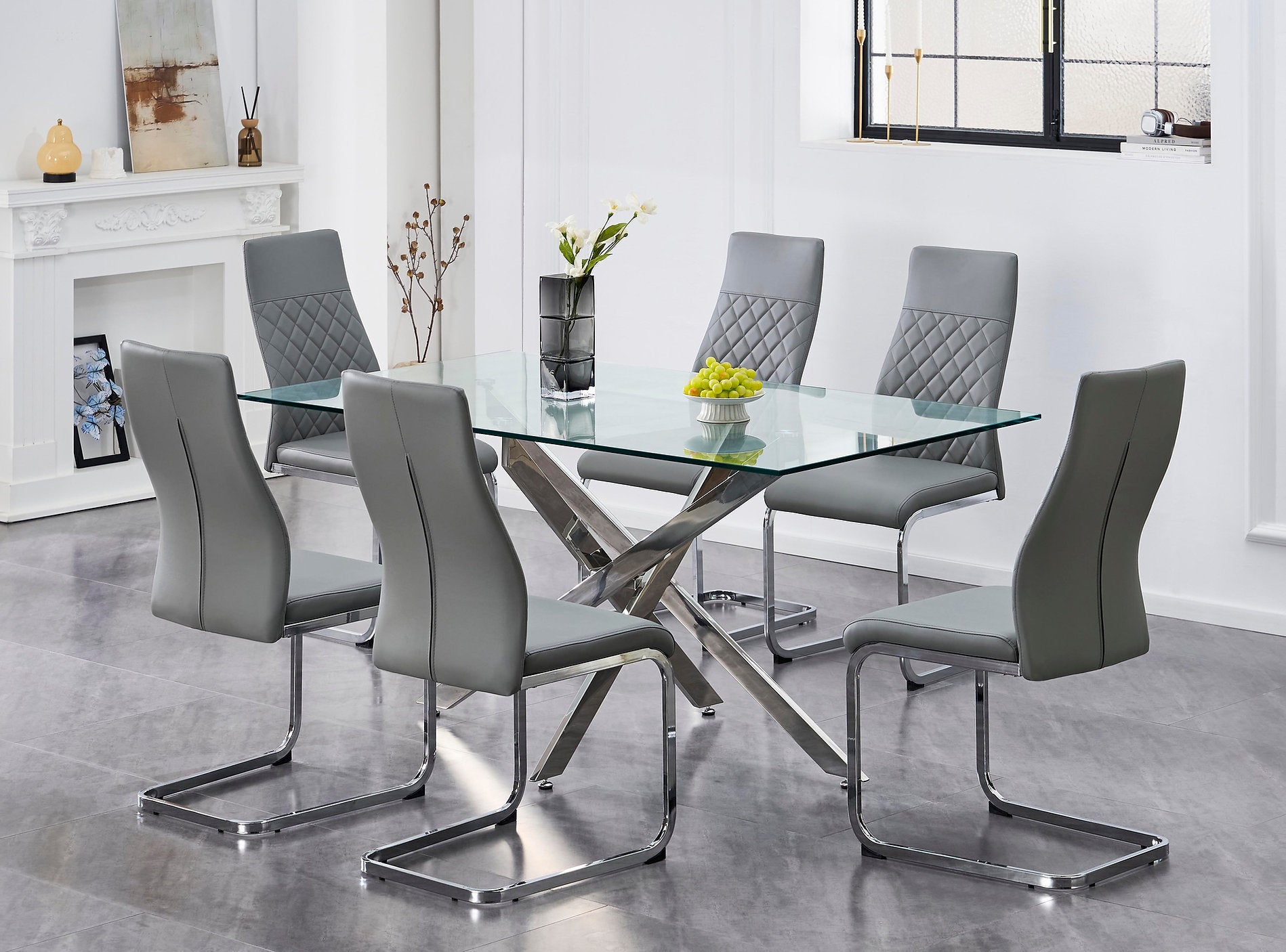 T-1448 | C-1576 Dining Set, 7 Pc, 63" Table + 6 Chairs, Chrome + Glass Table, Chrome + Grey Chairs