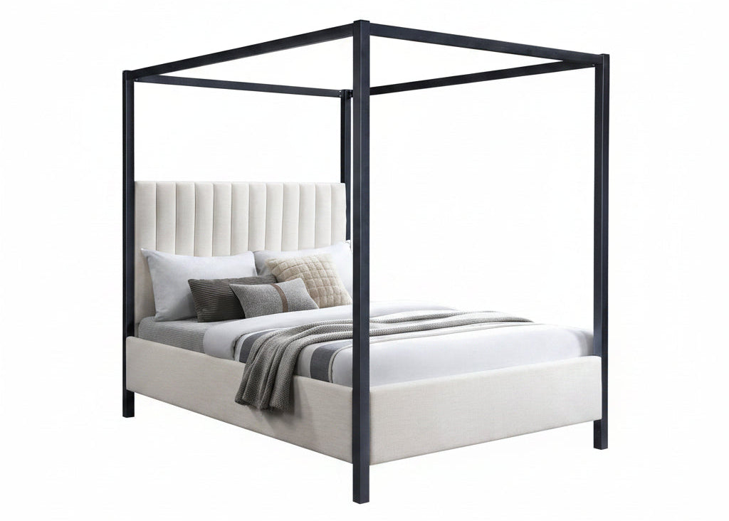 IF-5932 Canopy Bed, Beige Fabric, Black Metal Frame, Vertical Tufted Headboard