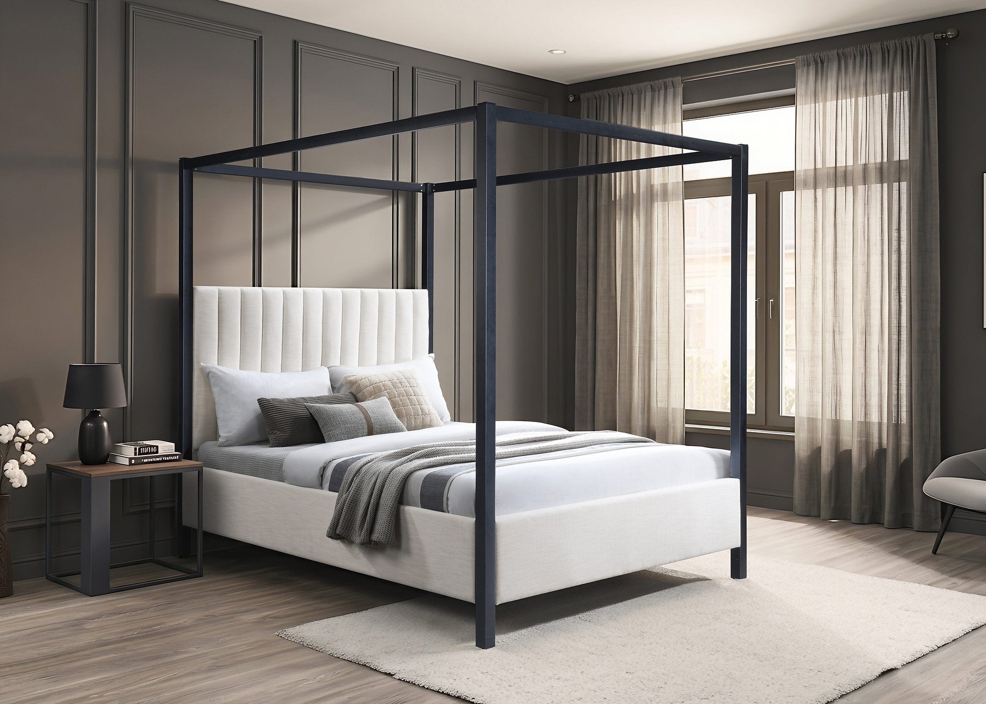IF-5932 Canopy Bed, Beige Fabric, Black Metal Frame, Vertical Tufted Headboard