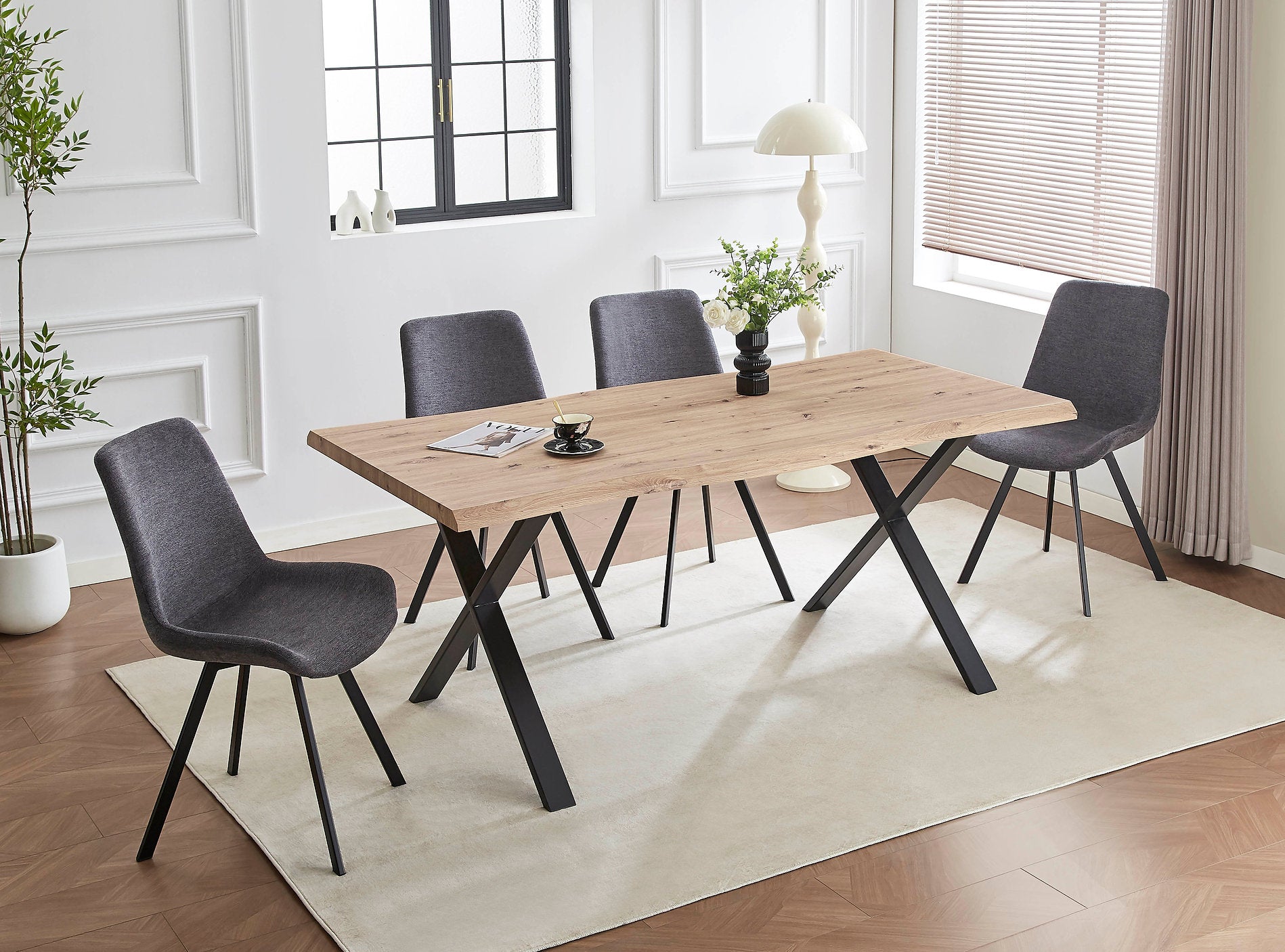 T-1808 | C-1820 Dining Set, 7Pc OR 5Pc, 71" Wood Top Table, Black Metal X-leg Base, Dark Grey Chairs