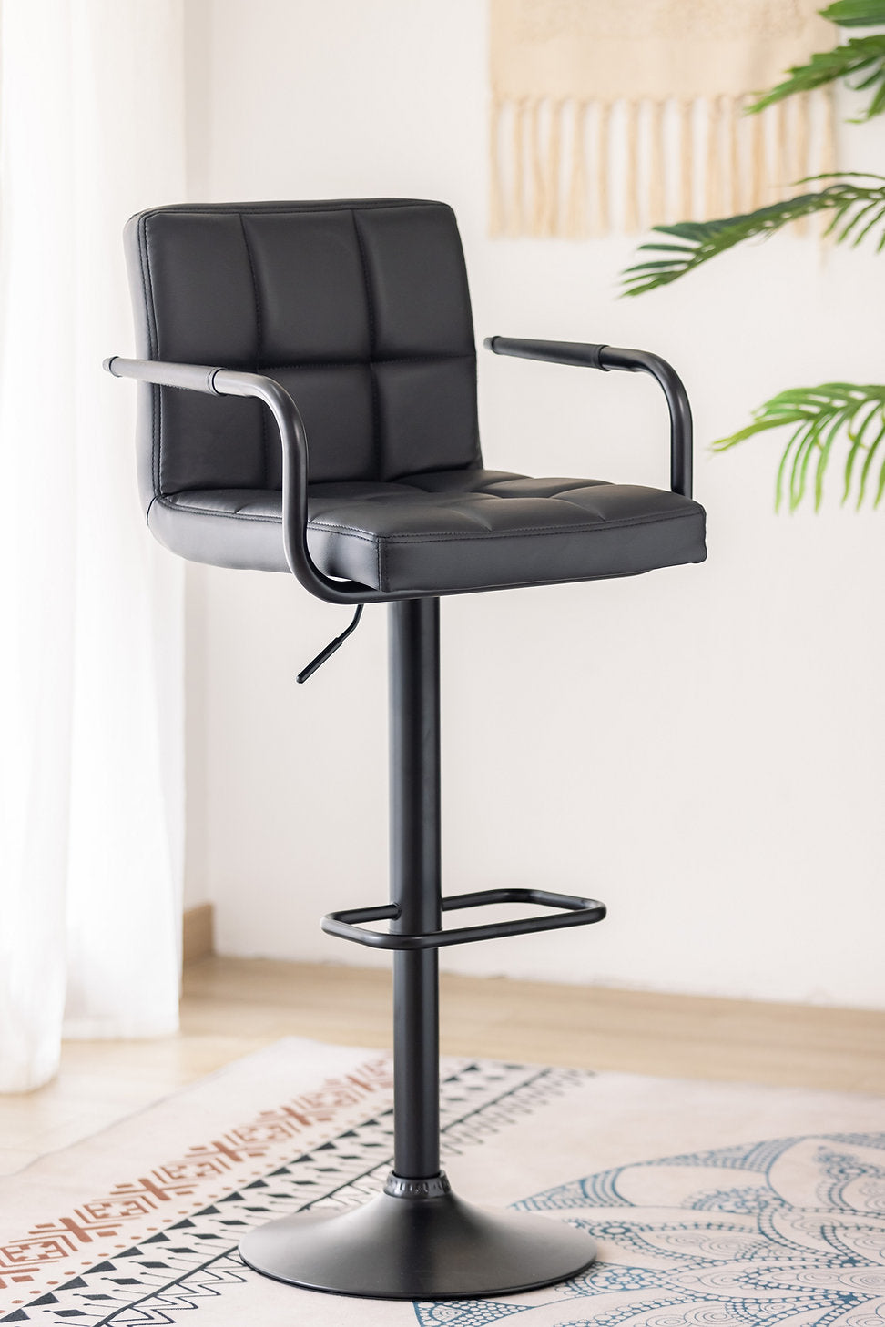 ST-7705 Barstool, Black Faux Leather, Adjustable Height, Black Base, Footrest